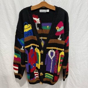 Belle Pointe Vintage Cardigan L Novelty Knit 90s Brass Buttons Statement Sweater